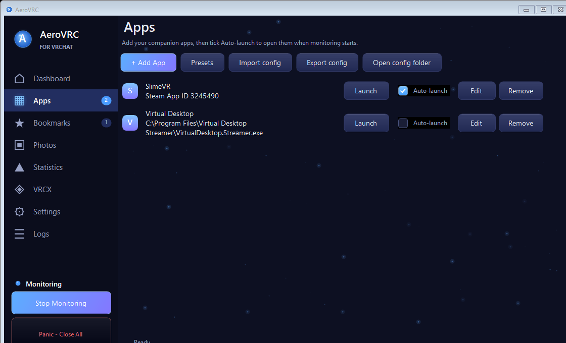 The Apps page listing companion apps — SlimeVR (auto-launch on) and Virtual Desktop — each with Launch, Auto-launch, Edit and Remove controls.