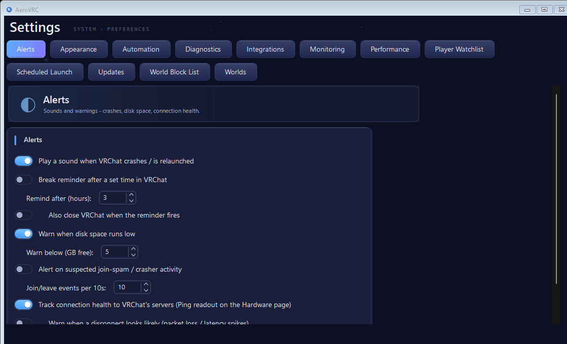The Settings page on the Alerts tab, with tabs for Appearance, Automation, Bedtime/Sleep, Hardware Monitoring, Integrations, Performance, Player Watchlist, Scheduled Launch, World Block List and Worlds.