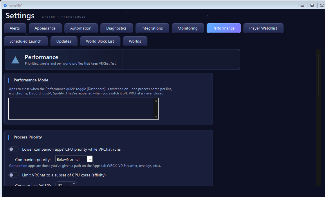 The Settings Performance tab showing Performance Mode (apps to close on toggle) and VRChat Cache controls for max size, expiry and cache folder.